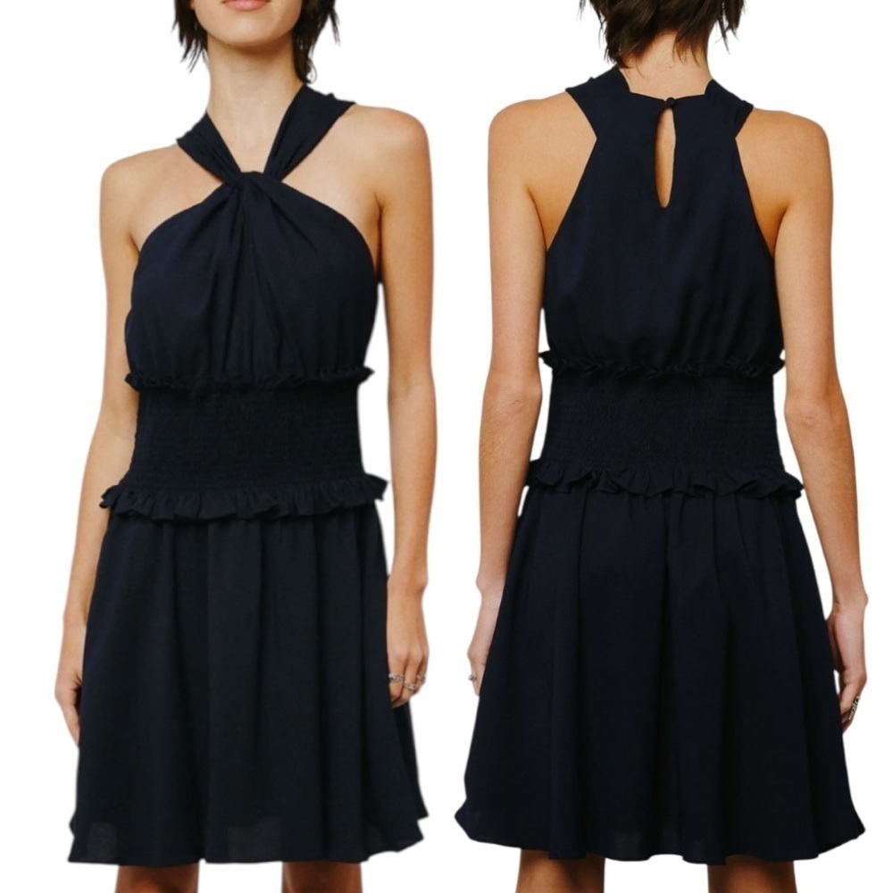 NWT Ciebon Bristol Halter Neck Smock Waist Navy Blue Minidress Sz Medium